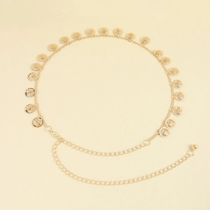 Elegante catena da vita dorata con ciondoli tondi ondulati e chiusura regolabile