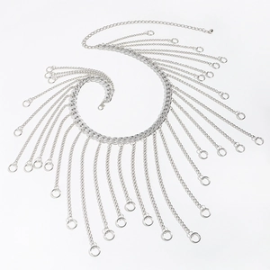 Detail of silver layered body chain with round fringe charms and adjustable lobster clasp