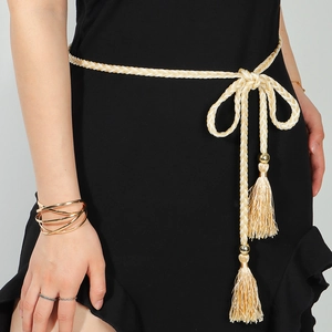 Women Braided Tassel Waist Belt Rope Knot Cotton Weave Waist Chain Bohemian Ethnic Style Belt For Dresses Jeans Jewelry