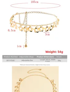 Detail of adjustable golden metal waist chain with plum blossom pendant and fringe