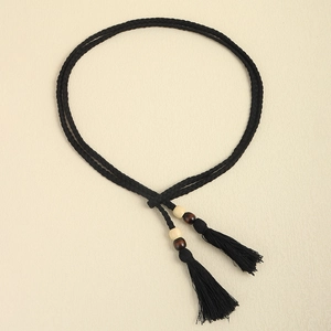 Boho woven tassel waist belt with vintage wooden beads for dresses and jeans