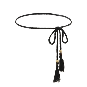 Ethnic style black braided waist chain with wooden beads and tassels for women's dresses