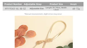 Size chart for adjustable gold metal leaf belt showing width 1.0cm and length 70-74cm