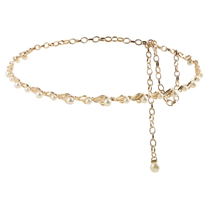 Chaîne de taille dorée élégante pour femme avec perles blanches et accents de feuilles