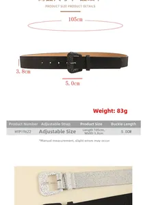Size chart for Y2K sequin belt showing 105cm length, 3.8cm width and buckle details
