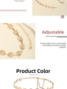 Détail d'une ceinture ajustable dorée à maillons carrés et pendentif perle