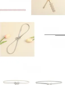 Detail of adjustable metal waist chain with floral buckle and bow design in silver finish