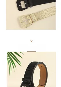 Close-up of glitter sequins belts in black and champagne gold with metal buckles