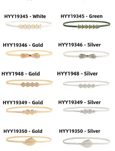 Collection of women's skinny belts with gold flower and leaf buckles in multiple colors