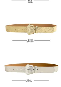 Detailed view of Y2K glitter belts in gold and silver with shimmering square pin buckles