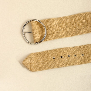 Khaki woven straw elastic belt with large round silver metal buckle for women