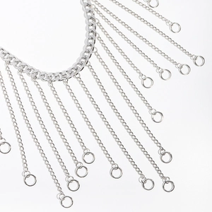 Close-up of silver layered fringe body chain with metallic rings and polished finish