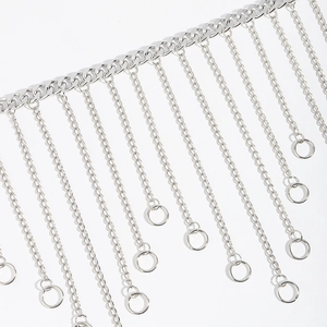 Close-up of silver metal body chain with fringe tassels and circular pendant details