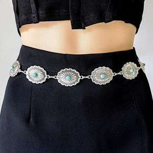 Chaîne de Taille en Métal Rétro Bohème pour Femmes Vintage Turquoise Artificielle Incrustée Gravée Ceinture Réglable