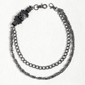 Double-layered hip hop biker wallet chain with skull detail and lobster clasps in gun black