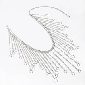 Silver metal fringe body chain with chunky links and circle pendants for beach fashion