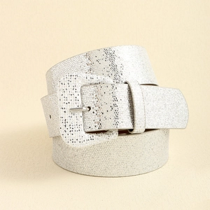 Detail of glitter Y2K belt with sparkling texture and square buckle for jeans