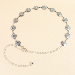 Ceinture chaîne ethnique argentée avec pierres turquoise et motifs floraux gravés
