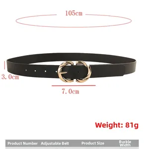Detail view of black faux leather belt with golden double C buckle and size specifications