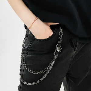Punk silver multi-layer trouser chain with skull charms for hip-hop streetwear fashion