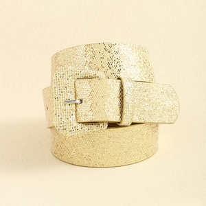 Close-up of golden sequin Y2K belt with a large matching square pin buckle for women