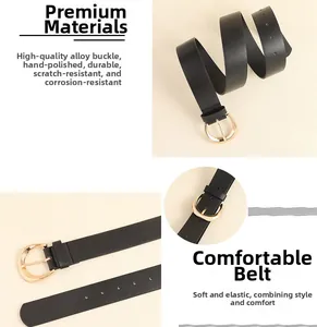 Close-up of black synthetic leather belt featuring a polished golden D-ring alloy buckle