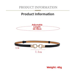 Detail view of a black slim belt with a 7.5cm light gold H-buckle and size specs
