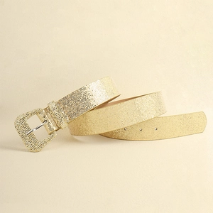 Sparkling gold sequin Y2K style belt for women featuring a luxury metallic finish and square buckle