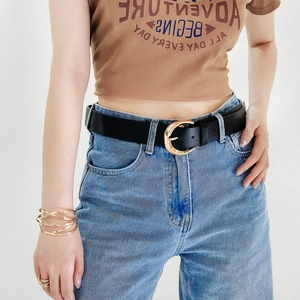Women Minimalist PU Leather Belt Golden Crescent Alloy Pin Buckle Vintage Fashion Adjustable Solid Color Jean Waist Strap