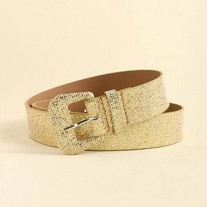 Detail shot of the shimmering golden sequins and square buckle on this Y2K style belt