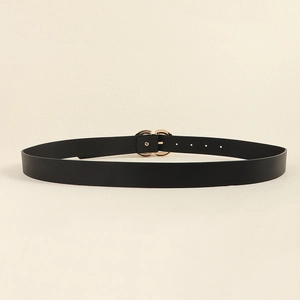 Close-up of a classic black leather belt featuring a polished golden oval metal buckle