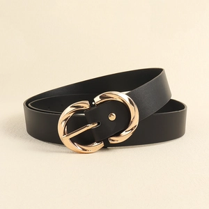Minimalist black leather belt for women featuring a gold oval buckle with lychee texture