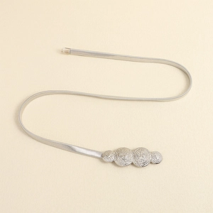 Elegant silver metal elastic waist chain with textured circular discs for dresses