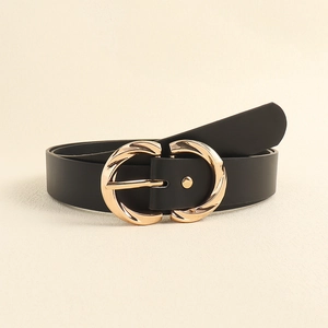 Classic black leather belt with textured gold double ring buckle for women fashion