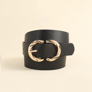 Women Fashion Black PU Leather Belt Gold Double Interlocking Circle Buckle Casual Versatile Waist Strap Adjustable Pin Buckle Accessories