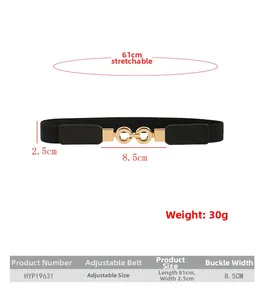 Tableau des tailles détaillé d'une ceinture élastique noire avec boucle dorée ronde