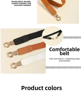Détail de ceintures élastiques fines avec boucles rondes dorées en noir, marron et blanc