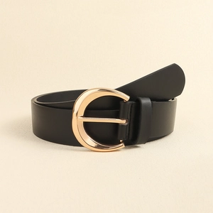 Women's vintage rivet belt in black faux leather with golden crescent C-buckle accessory