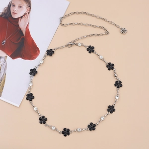 Elegant waist chain with black enamel flowers and rhinestones on a silver alloy link belt