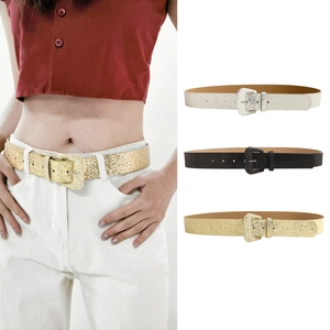 Women Y2K Sequin Belt Sparkly Glitter PU Leather Waist Belt Punk Fashion Square Pin Buckle Belt For Jeans Dress Party