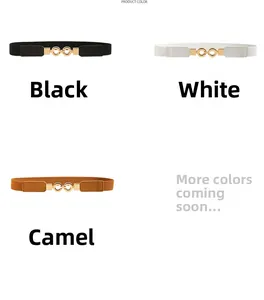 Trois ceintures élastiques en noir, blanc et camel avec boucles dorées à double anneau