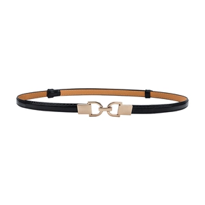 Elegant black patent leather skinny belt for women with interlocking gold metal buckle