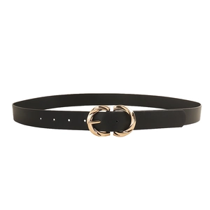 Minimalist black leather belt for women with elegant interlocking gold metal buckle design