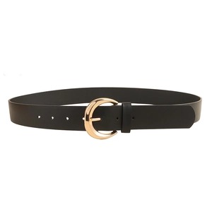 Women's black leather rivet belt with golden crescent buckle on white background