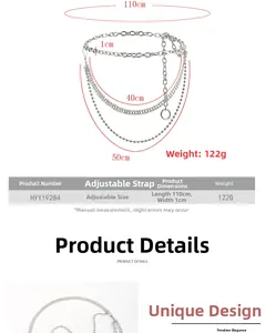 Detailed size specification for multilayer metal waist chain with adjustable 110cm length