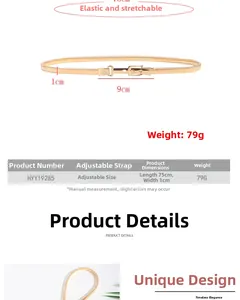 Detailed size chart for adjustable gold elastic metal waist chain belt showing 75cm length