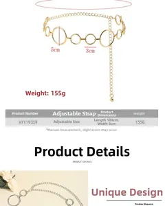 Detail der Goldmetall-Ringgürtel mit Größenparametern und verstellbarer Kettentextur