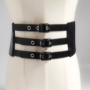Women's black PU leather corset belt with three parallel straps and silver buckles
