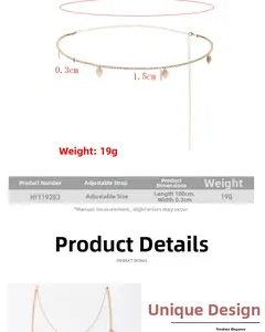 Detailed view of golden leaf waist chain showing adjustable clasp and sizing parameters