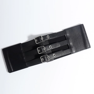 Women Vintage Wide Corset Belt Retro Elastic Waistband Three Row Pin Buckles PU Leather Fashion Slimming Belt For Dresses